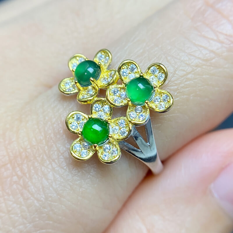 Emerald Blossom・Tri-Flower Jade Two-Tone Adjustable Sterling Silver Ring
