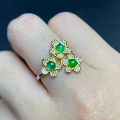Emerald Blossom・Tri-Flower Jade Two-Tone Adjustable Sterling Silver Ring
