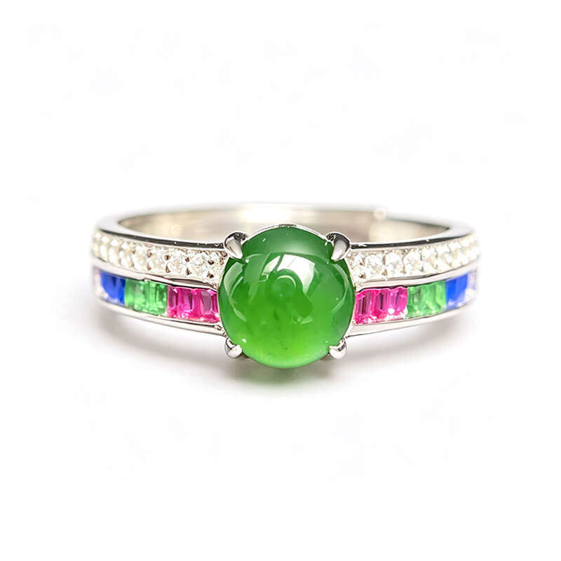 Rainbow Glow・Jade Ring with Multi-Color Gemstone Accents Adjustable Sterling Silver Ring