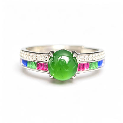 Rainbow Glow・Jade Ring with Multi-Color Gemstone Accents Adjustable Sterling Silver Ring