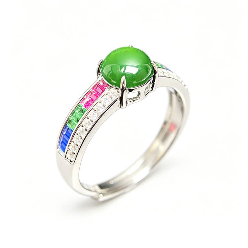 Rainbow Glow・Jade Ring with Multi-Color Gemstone Accents Adjustable Sterling Silver Ring