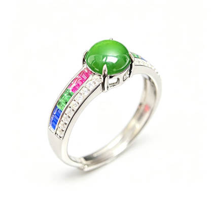 Rainbow Glow・Jade Ring with Multi-Color Gemstone Accents Adjustable Sterling Silver Ring