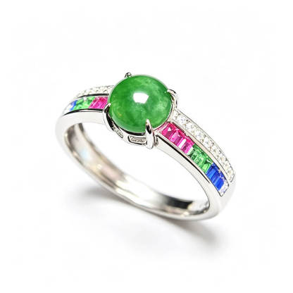 Rainbow Glow・Jade Ring with Multi-Color Gemstone Accents Adjustable Sterling Silver Ring