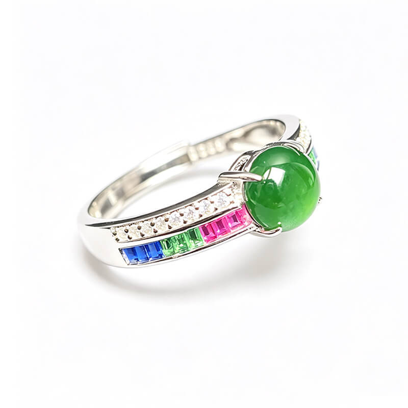 Rainbow Glow・Jade Ring with Multi-Color Gemstone Accents Adjustable Sterling Silver Ring