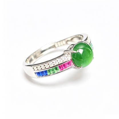 Rainbow Glow・Jade Ring with Multi-Color Gemstone Accents Adjustable Sterling Silver Ring