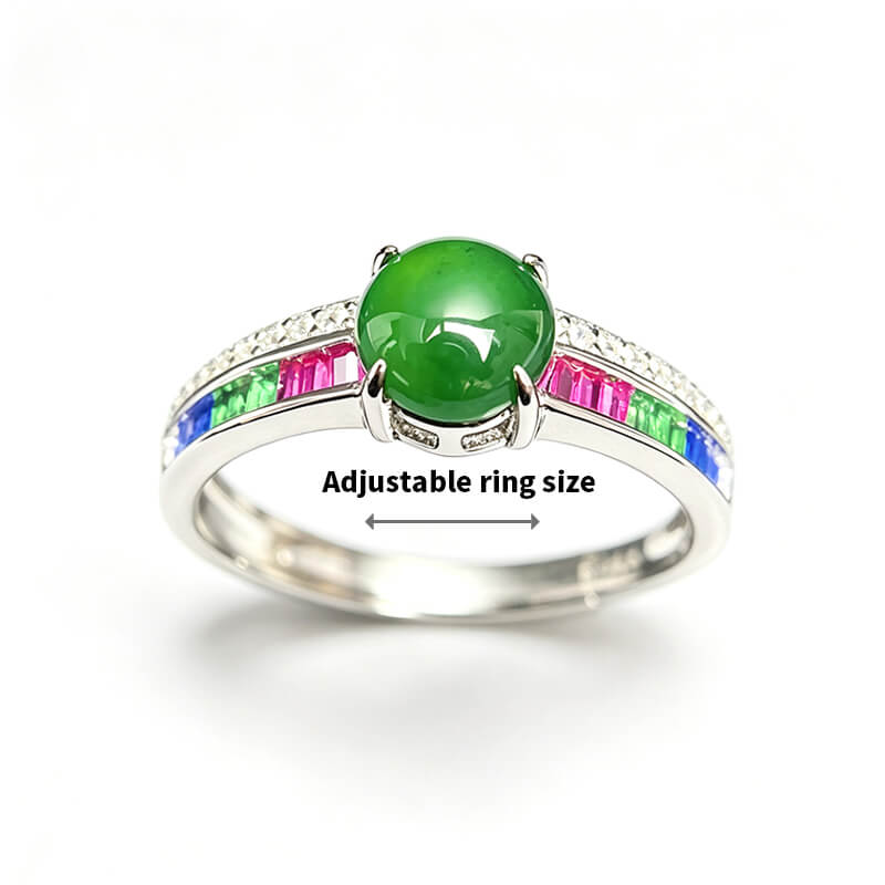 Rainbow Glow・Jade Ring with Multi-Color Gemstone Accents Adjustable Sterling Silver Ring