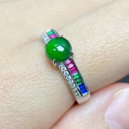 Rainbow Glow・Jade Ring with Multi-Color Gemstone Accents Adjustable Sterling Silver Ring