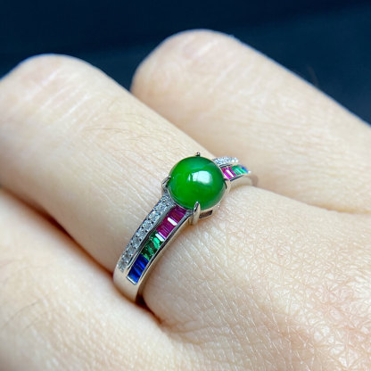 Rainbow Glow・Jade Ring with Multi-Color Gemstone Accents Adjustable Sterling Silver Ring