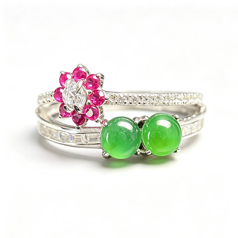Twin Jade Blossom Sterling Silver Ring