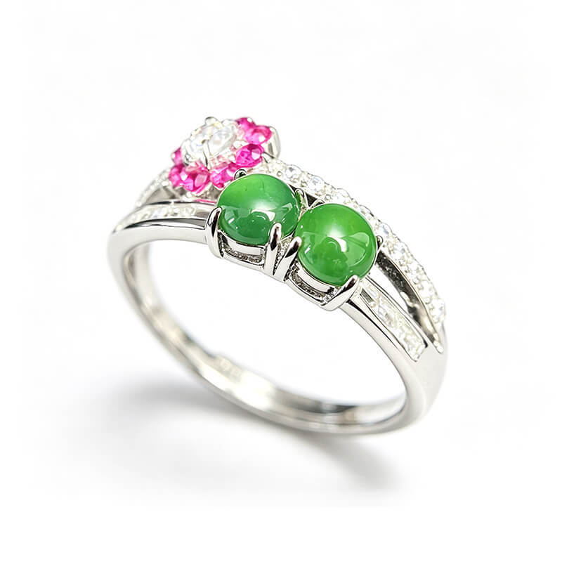 Twin Jade Blossom Sterling Silver Ring
