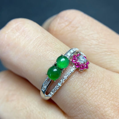 Twin Jade Blossom Sterling Silver Ring