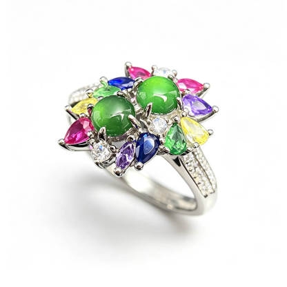 Rainbow Starburst Jade Sterling Silver Ring