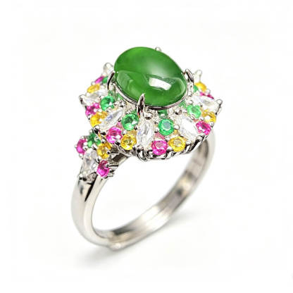 Rainbow Bloom Jade Sterling Silver Ring