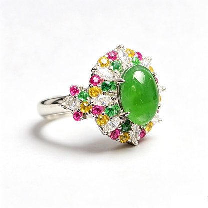 Rainbow Bloom Jade Sterling Silver Ring