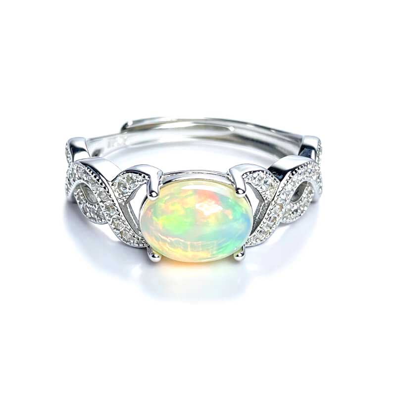 French Romantic Openwork Silver Ring  Iridescent Opal Jewelry