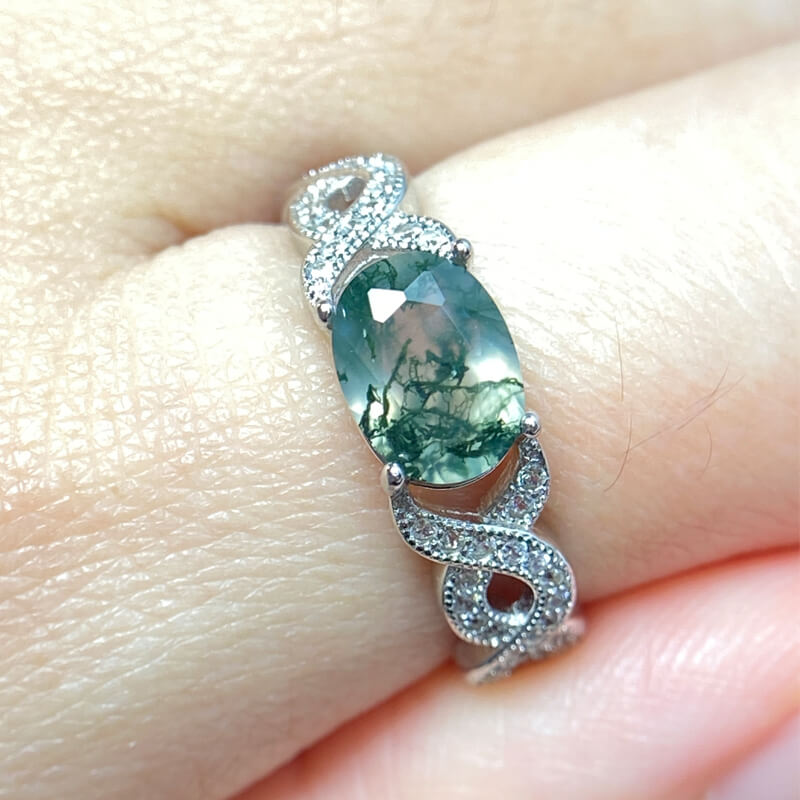 Briony Twisted Vine Moss Agate Silver Ring