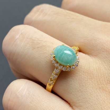 Azure Tide・Amazonite Gold-Tone Halo Silver Ring