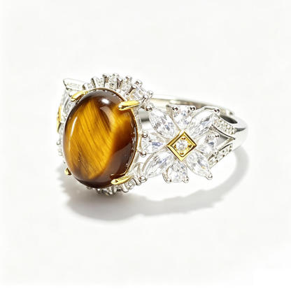 Tiger Gaze・Floral Vintage Tiger's Eye Silver Ring