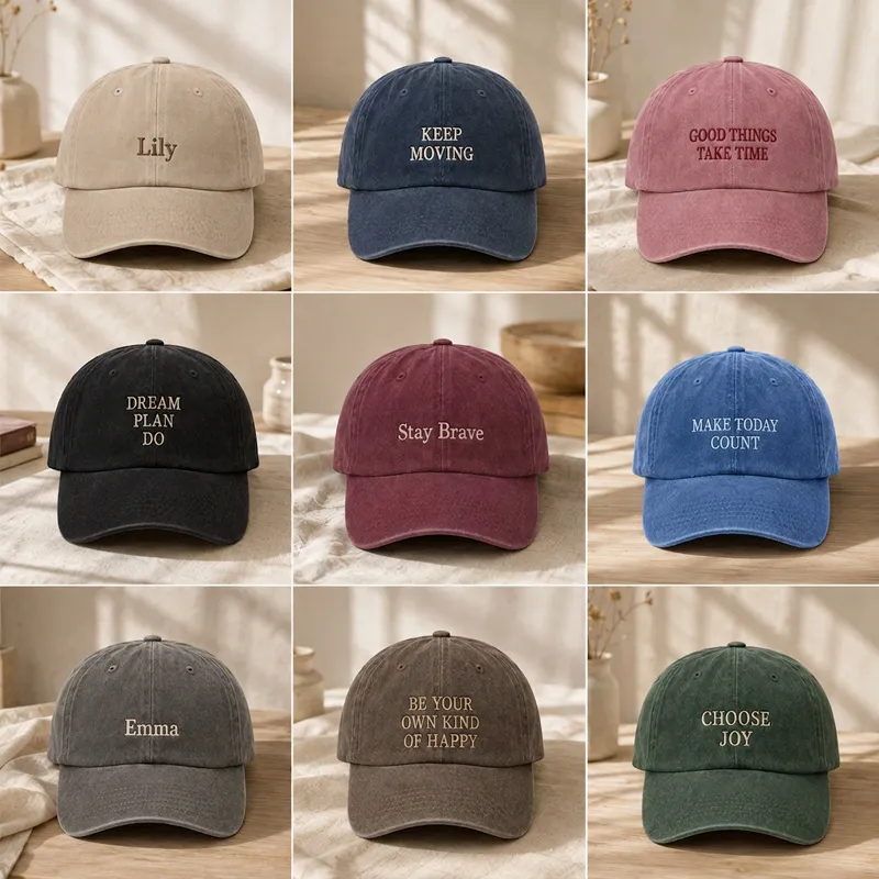 Personalized retro baseball cap with embroidered name or text.