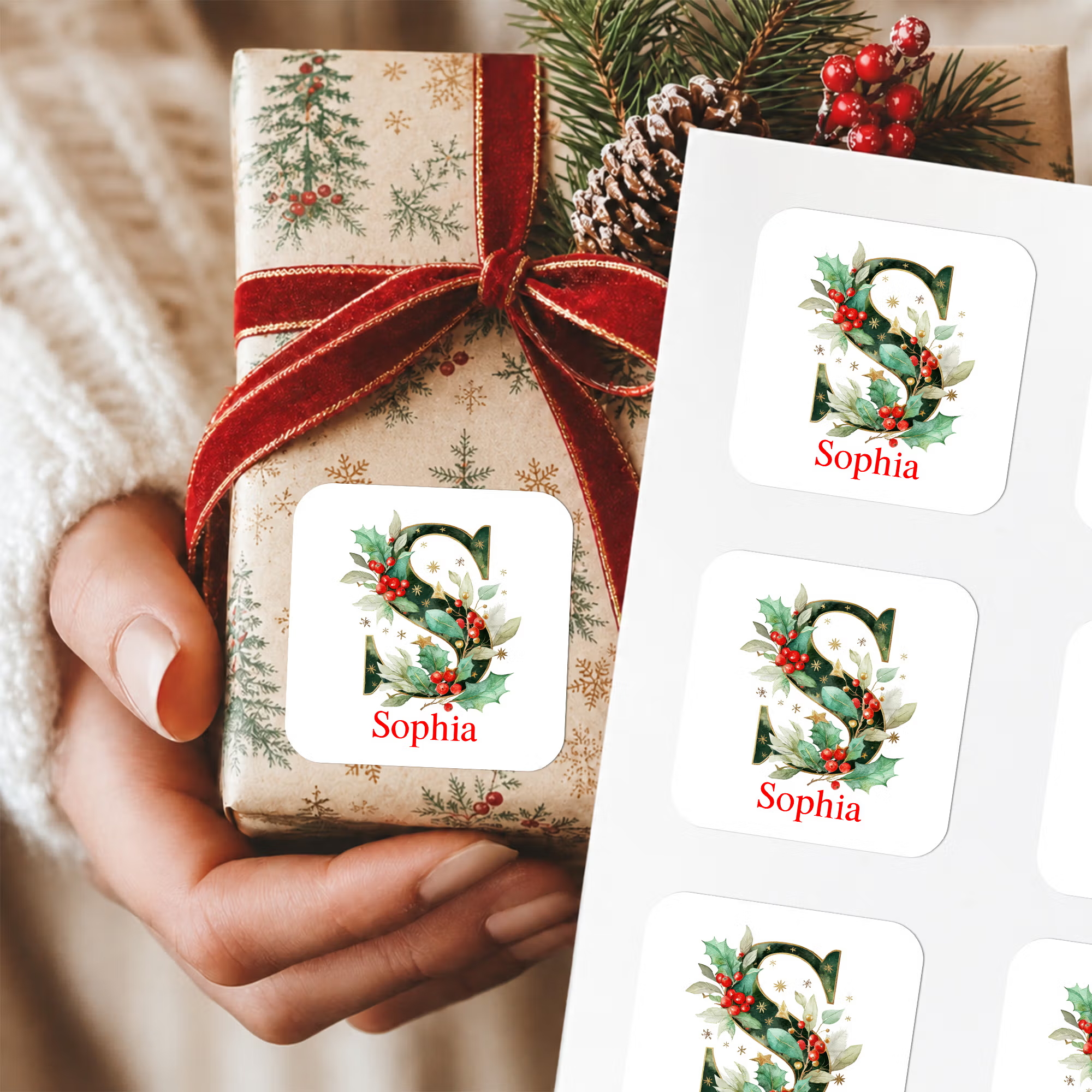 Personalized Name Gingham/Santa/Hat & Lights Alphabet Christmas Stickers, Holiday Gift Box/Treat Bag Labels, Christmas Gifts for Kids/Family/Friends