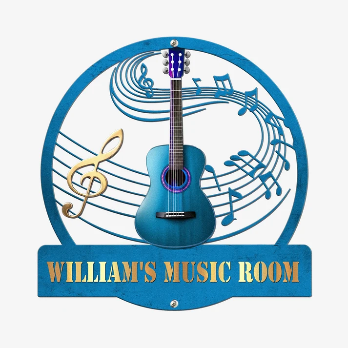 Guitar Music Room, Custom Name & Guitar Type - Personalized Metal Sign