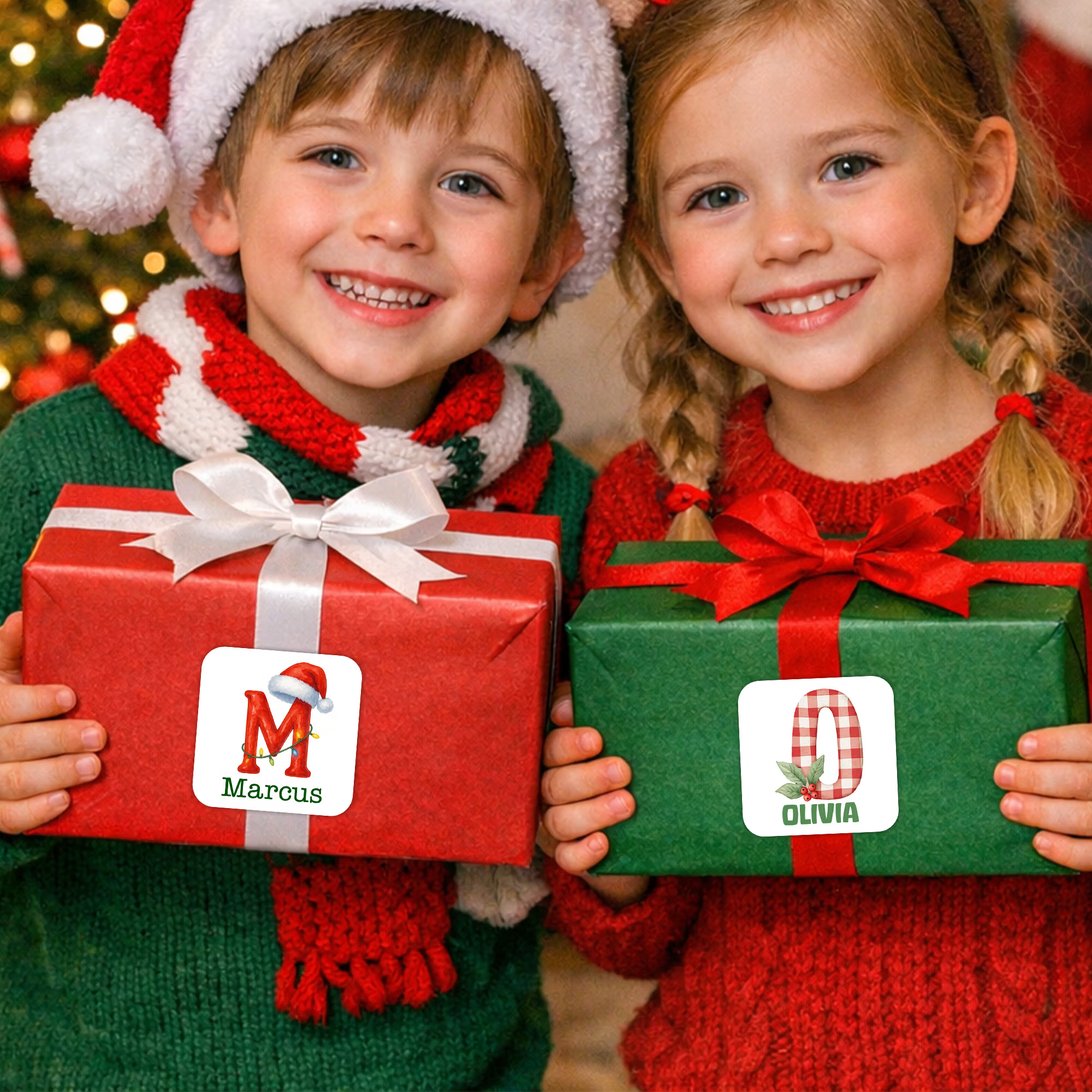 Personalized Name Gingham/Santa/Hat & Lights Alphabet Christmas Stickers, Holiday Gift Box/Treat Bag Labels, Christmas Gifts for Kids/Family/Friends