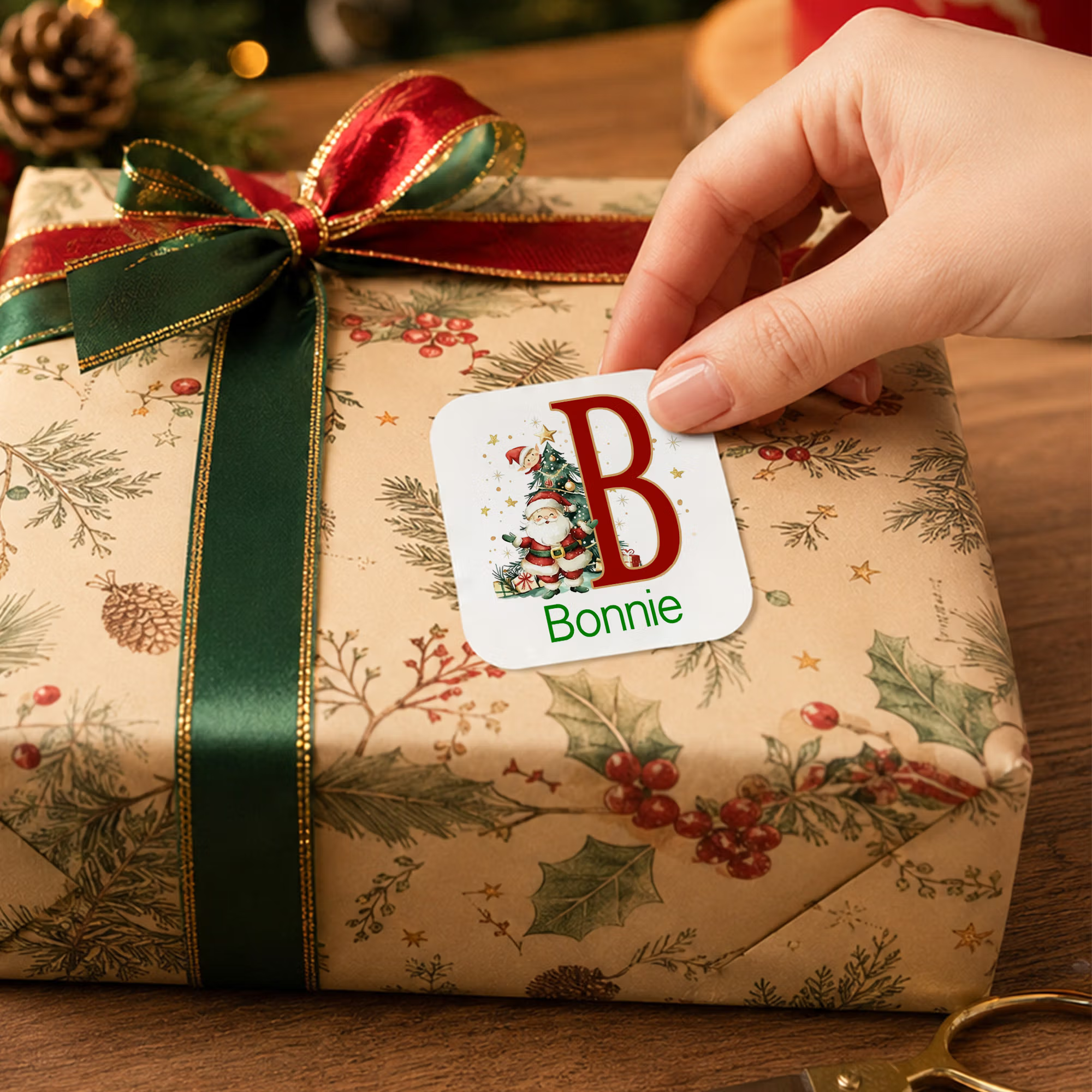 Personalized Name Gingham/Santa/Hat & Lights Alphabet Christmas Stickers, Holiday Gift Box/Treat Bag Labels, Christmas Gifts for Kids/Family/Friends