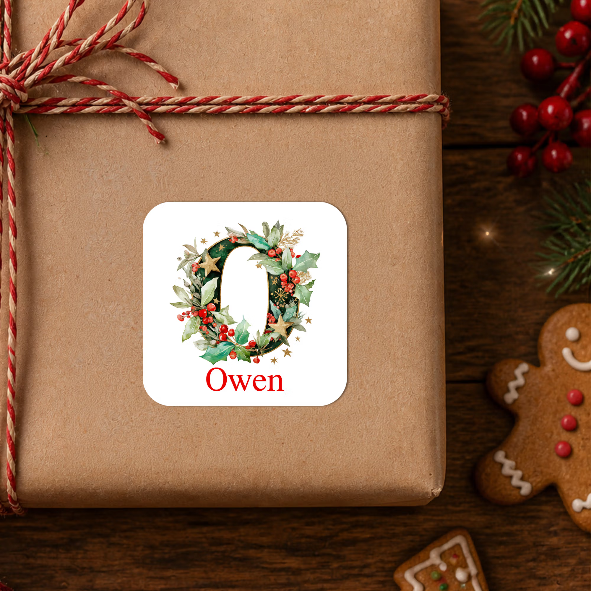 Personalized Name Gingham/Santa/Hat & Lights Alphabet Christmas Stickers, Holiday Gift Box/Treat Bag Labels, Christmas Gifts for Kids/Family/Friends