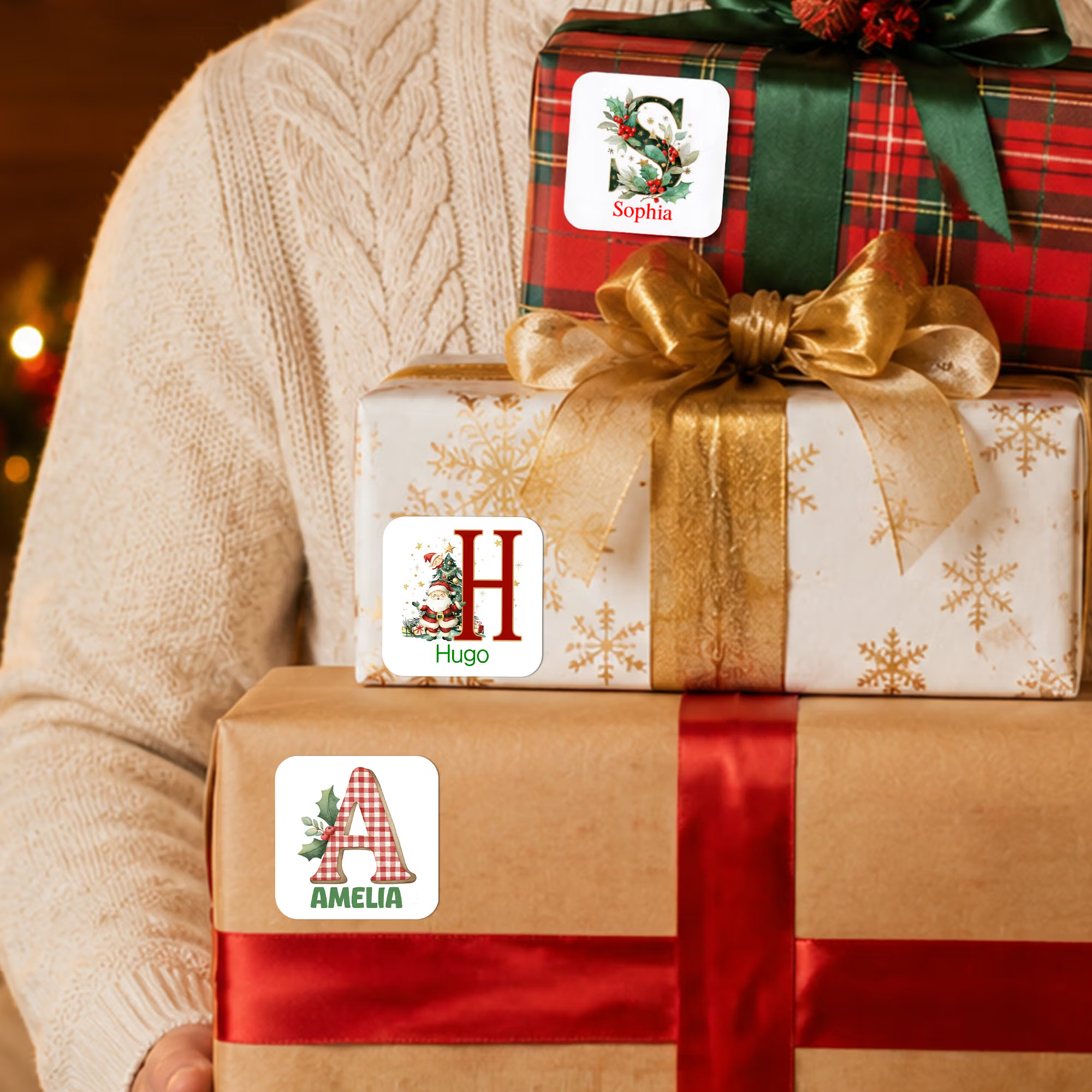 Personalized Name Gingham/Santa/Hat & Lights Alphabet Christmas Stickers, Holiday Gift Box/Treat Bag Labels, Christmas Gifts for Kids/Family/Friends