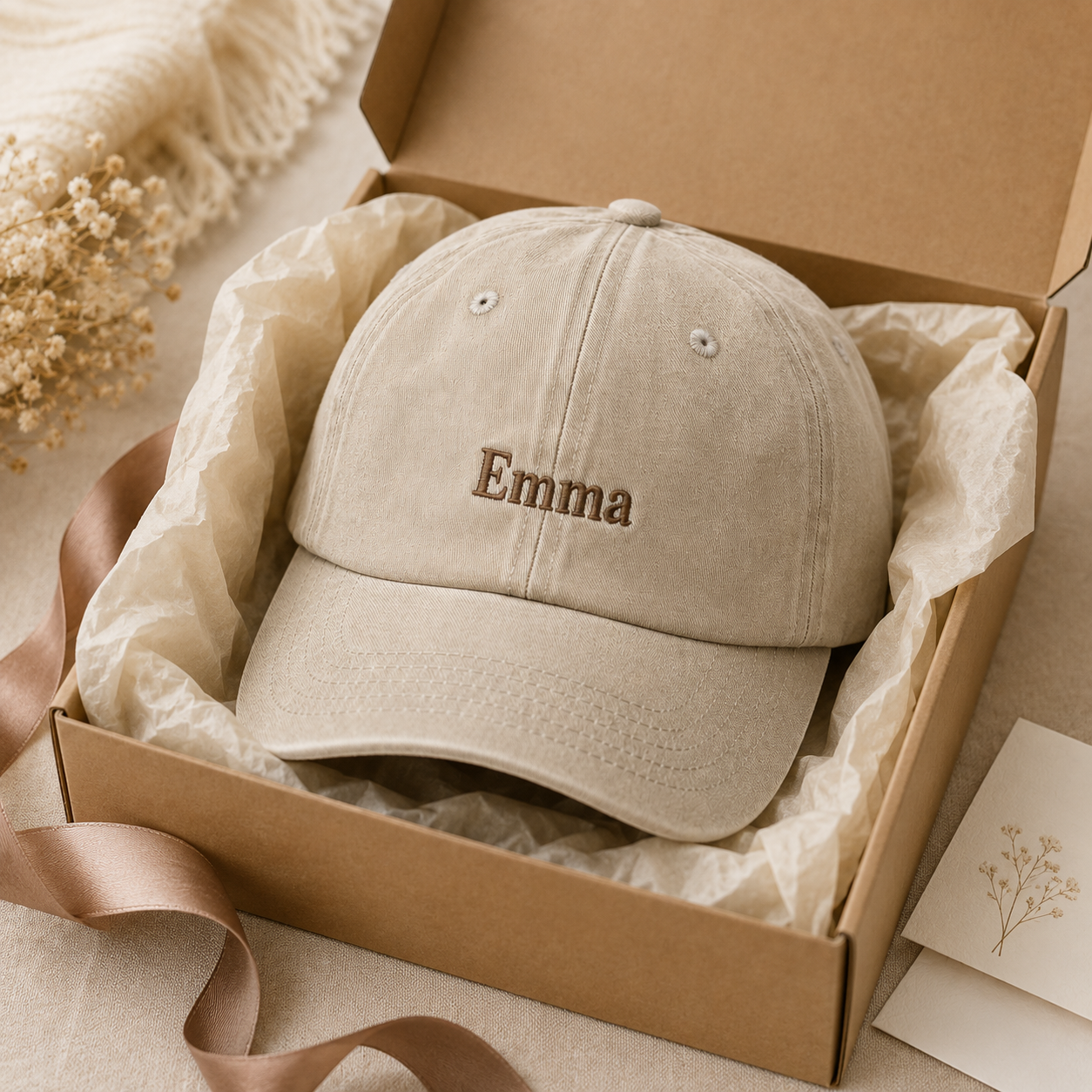 Personalized retro baseball cap with embroidered name or text.
