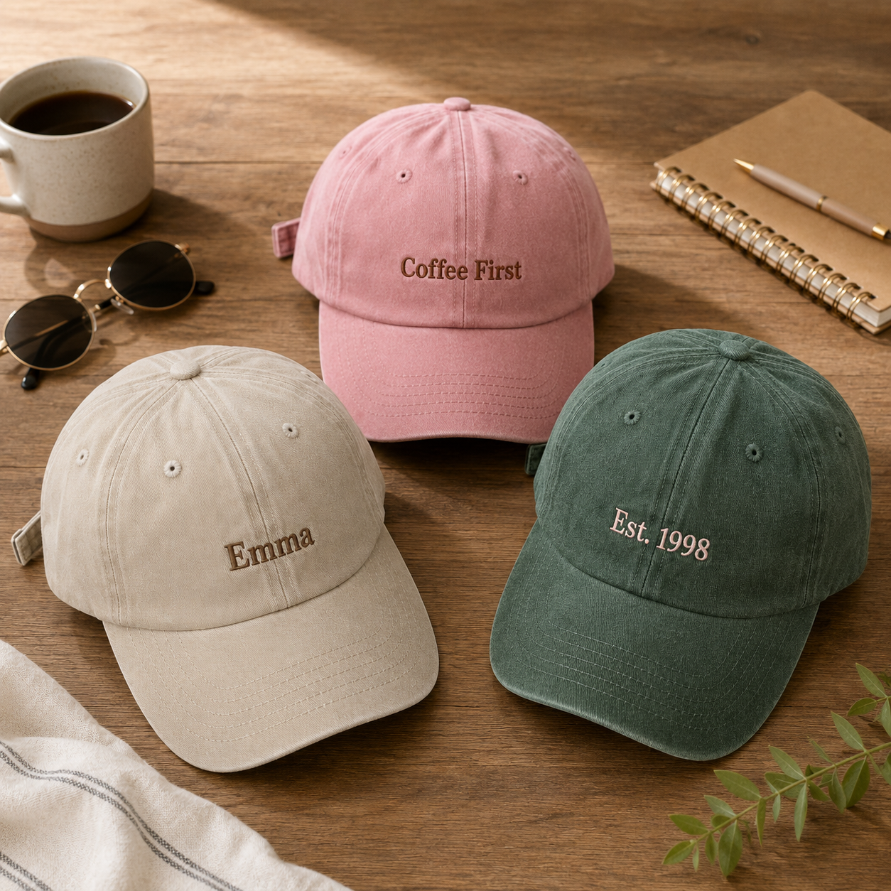 Personalized retro baseball cap with embroidered name or text.
