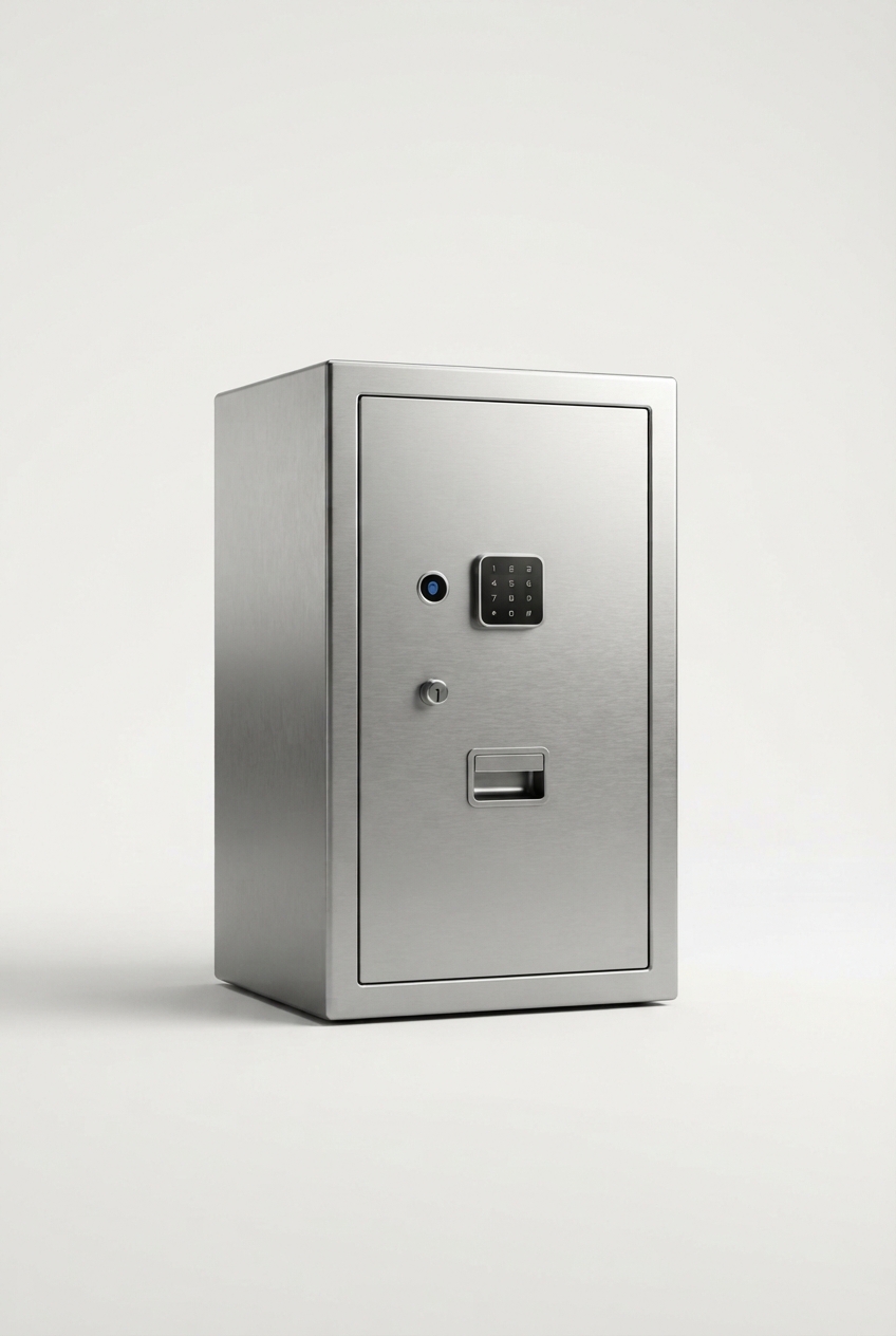 Silver under-desk office safe front view