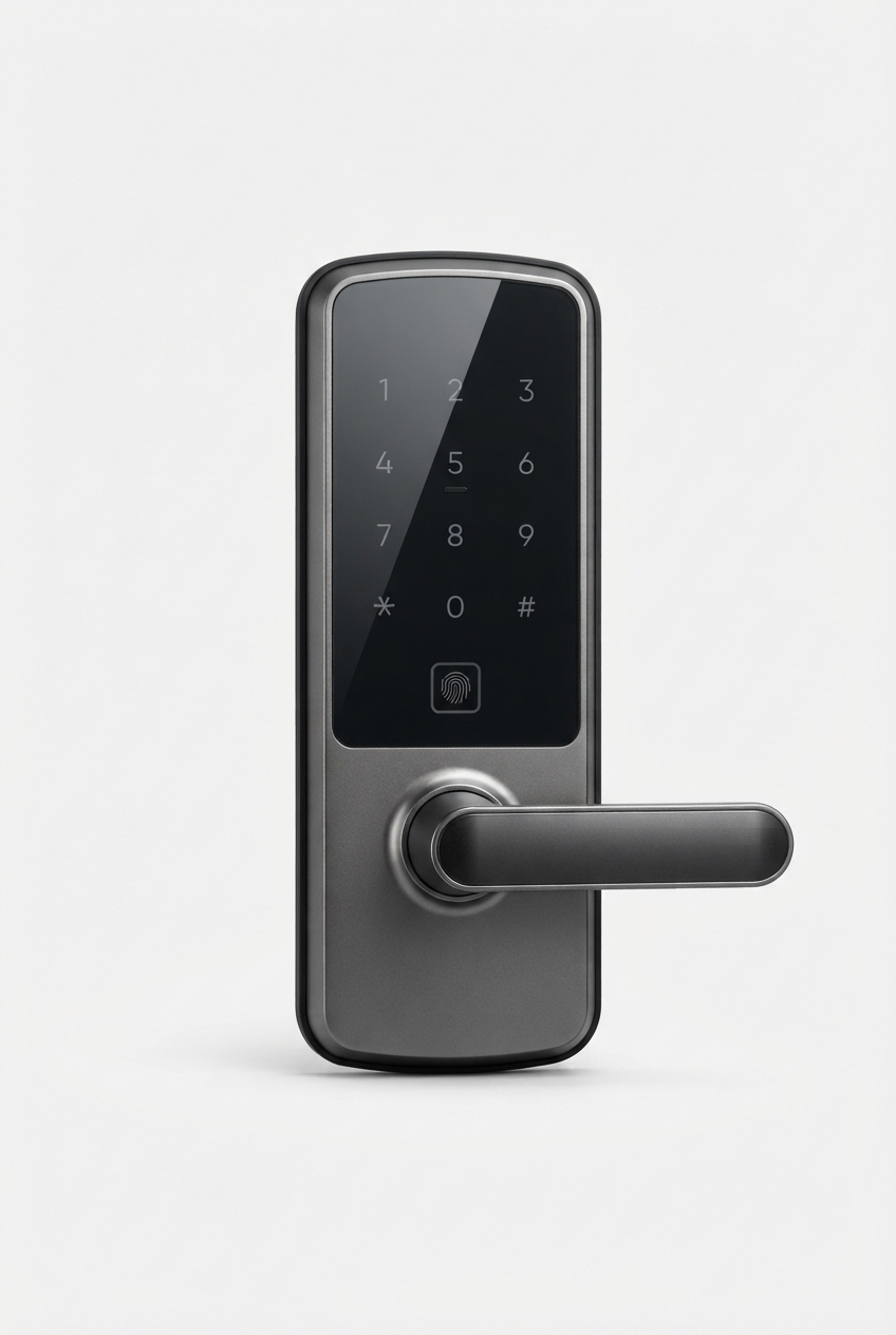 Gray smart door lock with keypad