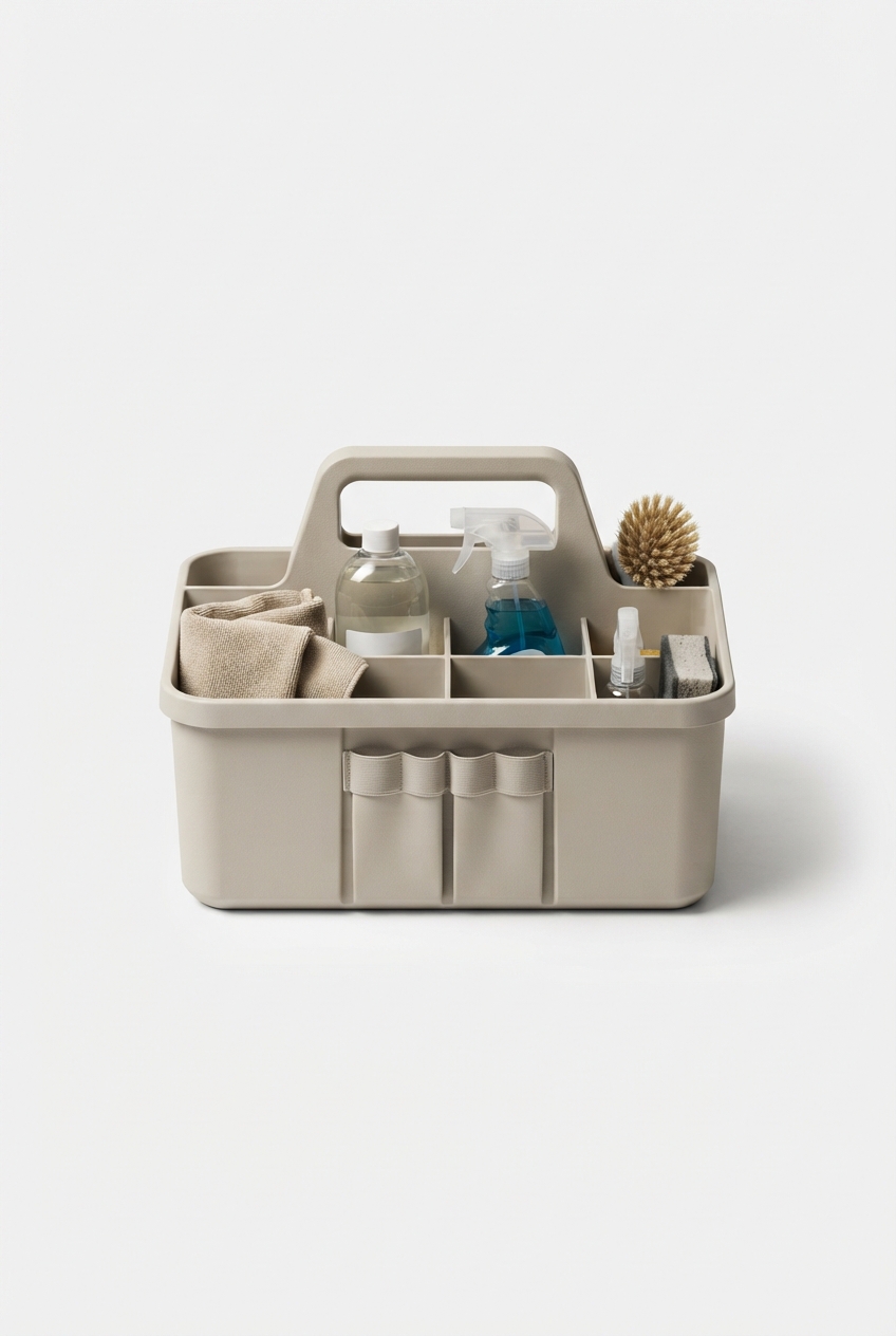 Beige cleaning caddy organizer with compartments