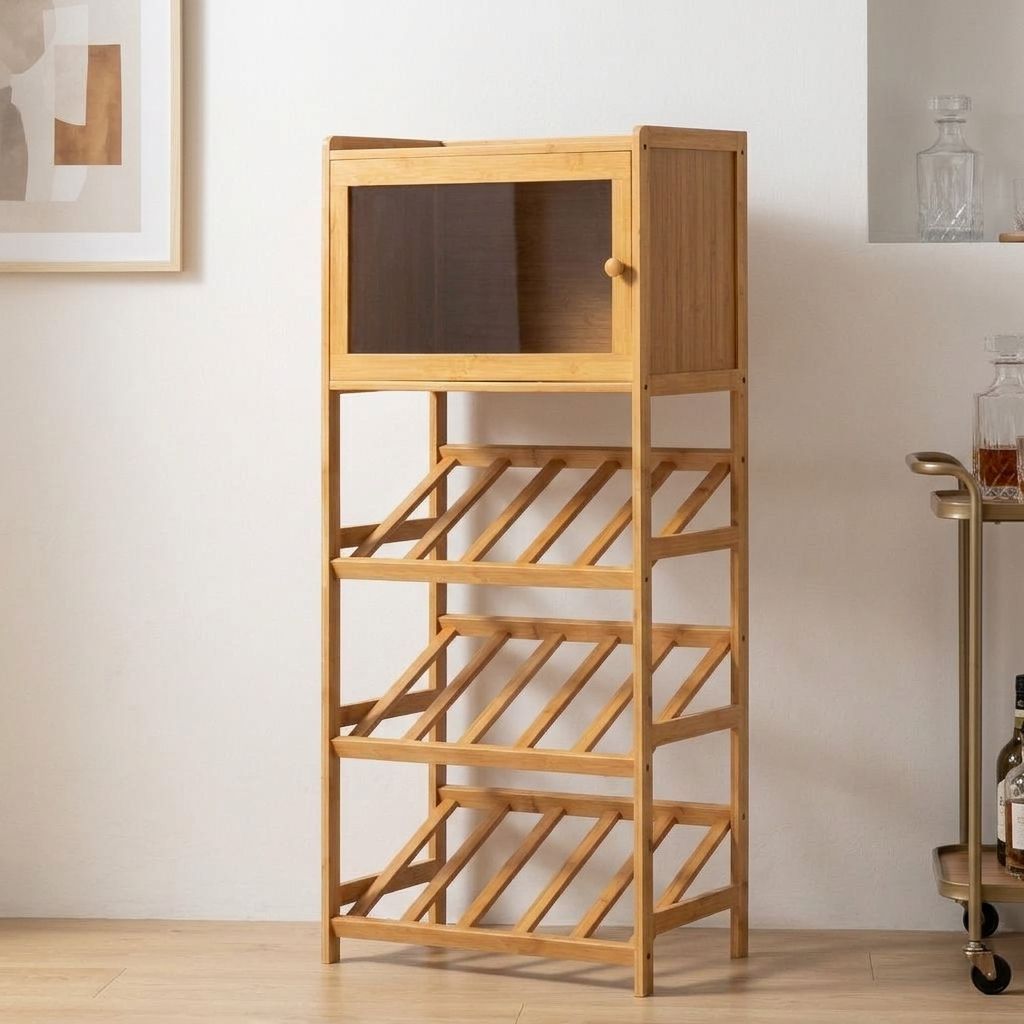 4-Tier Natural Bamboo Wine Cabinet with Acrylic Door, Tall Open Bottle Rack Storage, and Top Shelf for Dining Room or Bar Area-Tuwine