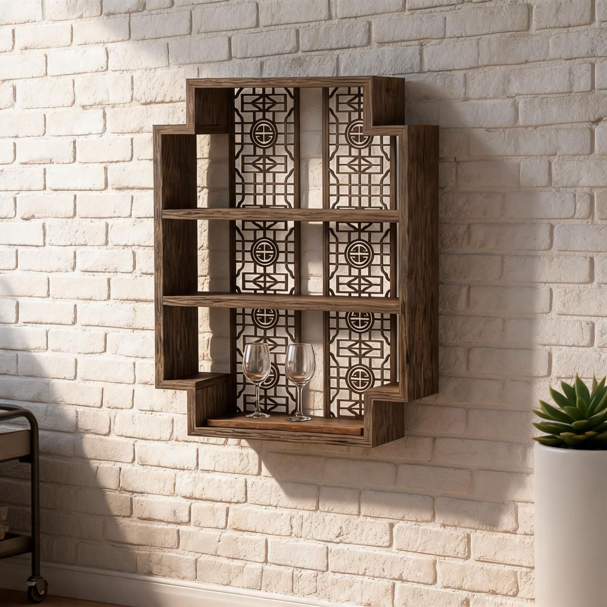 3-Tier Solid Wood Wine Bottle Rack with Open Display Shelves, Decorative Geometric Back, Wall Mount or Tabletop Bar Storage-Tuwine