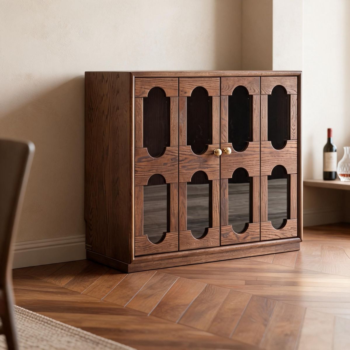 31.5"W Oak Wine Cabinet with Capsule Glass Doors, Retro Display and Bottle Storage Accent Cabinet for Dining Room or Living Room-Tuwine