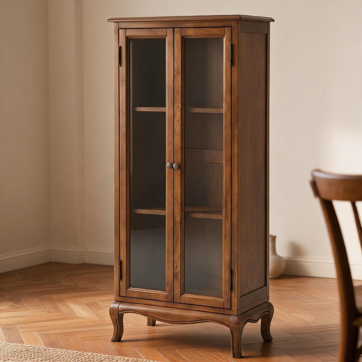 Chestnut Rubberwood Wine Cabinet with Glass Doors, Stemware Rack, Interior Shelves, and Classic Bar Storage Cabinet-Tuwine