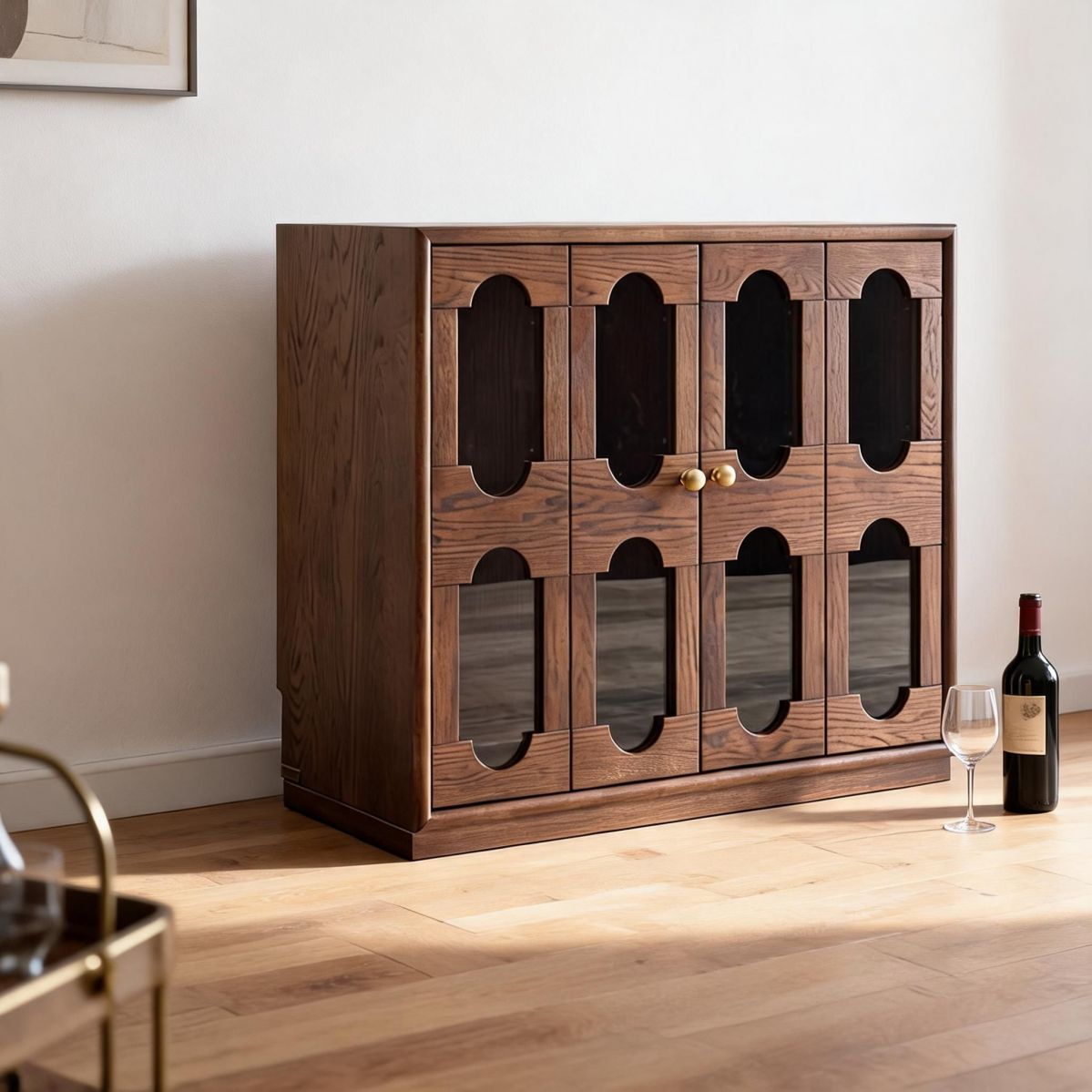 31.5"W Oak Wine Cabinet with Capsule Glass Doors, Retro Display and Bottle Storage Accent Cabinet for Dining Room or Living Room-Tuwine