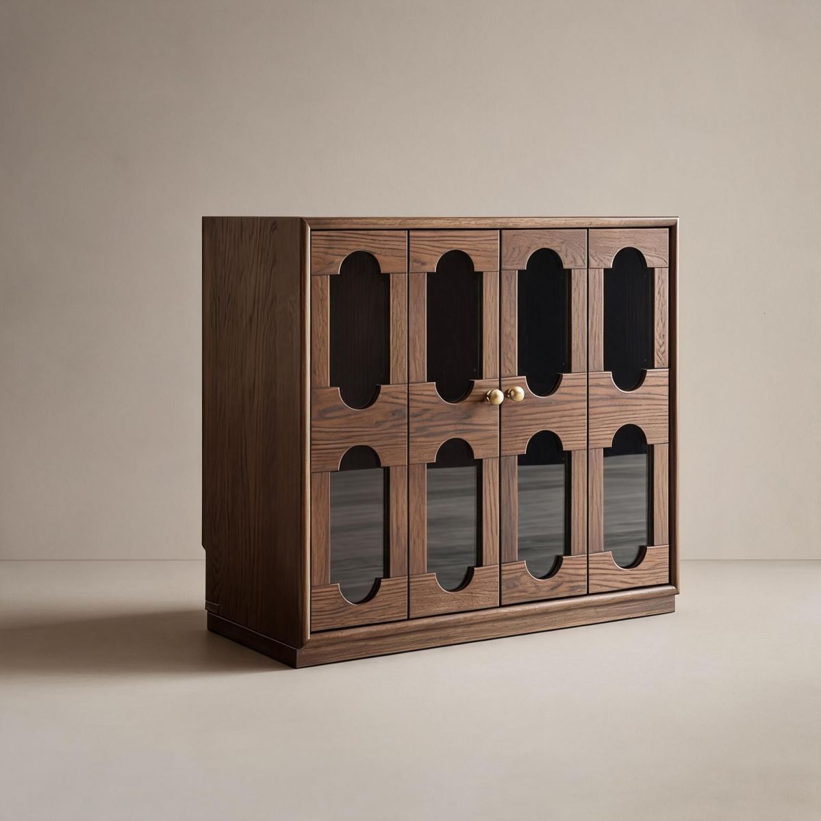 31.5"W Oak Wine Cabinet with Capsule Glass Doors, Retro Display and Bottle Storage Accent Cabinet for Dining Room or Living Room-Tuwine