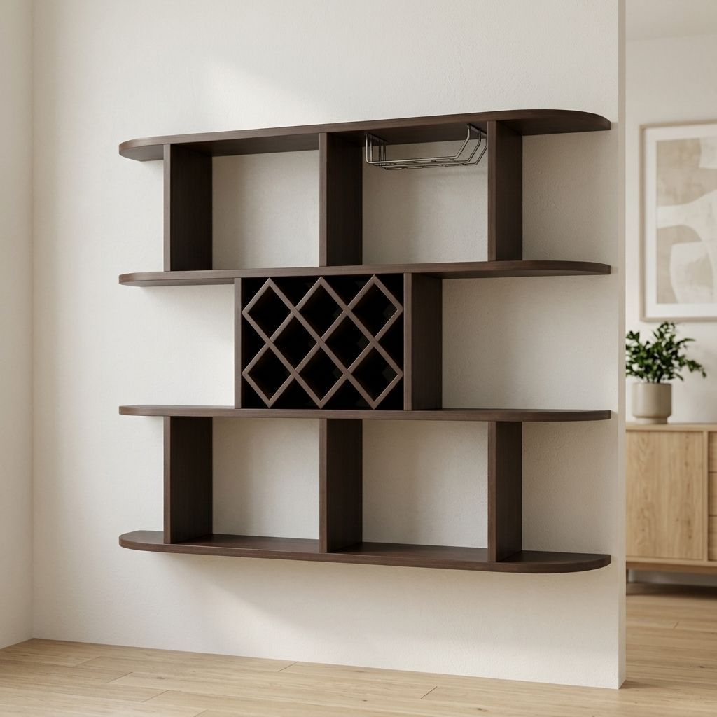Wall Mounted Wine Rack 47" with 8-Grid Bottle Cubbies, Hanging Glass Holder and Black Walnut Shelves-Tuwine