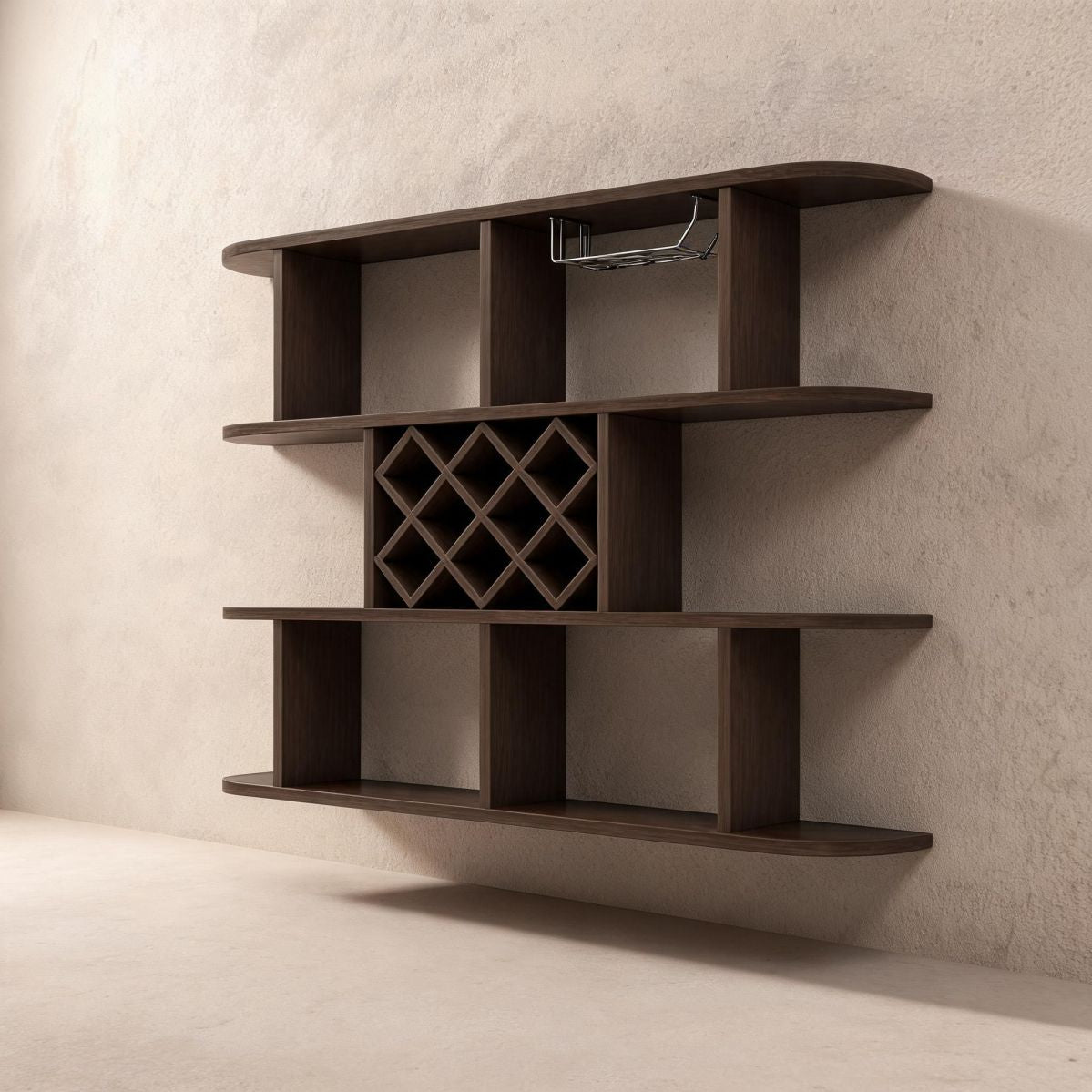 Wall Mounted Wine Rack 47" with 8-Grid Bottle Cubbies, Hanging Glass Holder and Black Walnut Shelves-Tuwine