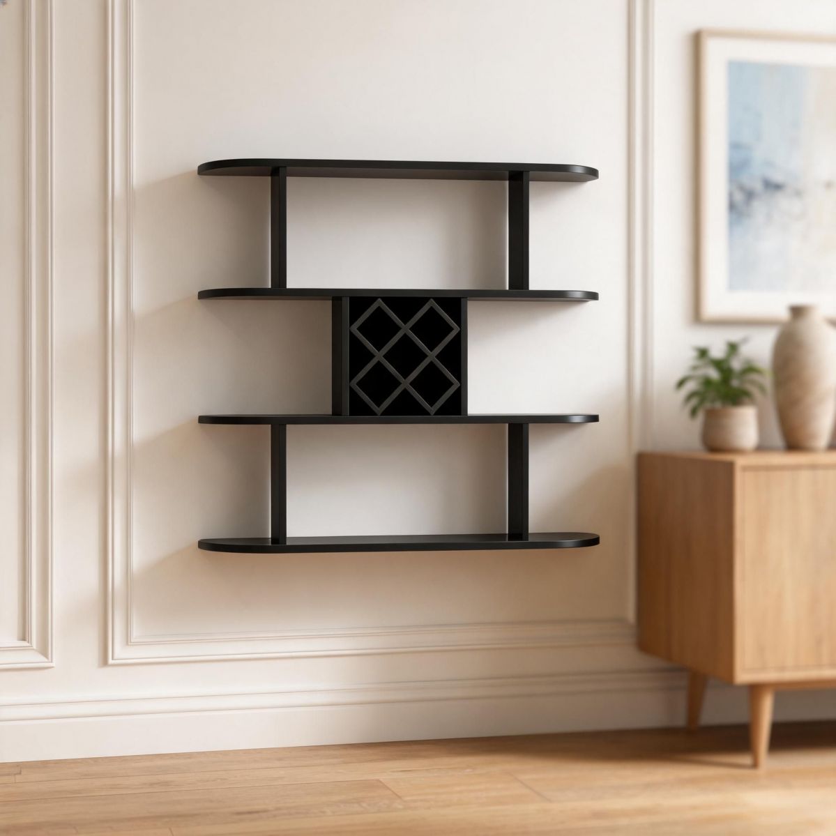 Wall Mounted Wine Rack 47" with 8-Grid Bottle Cubbies, Hanging Glass Holder and Black Walnut Shelves-Tuwine