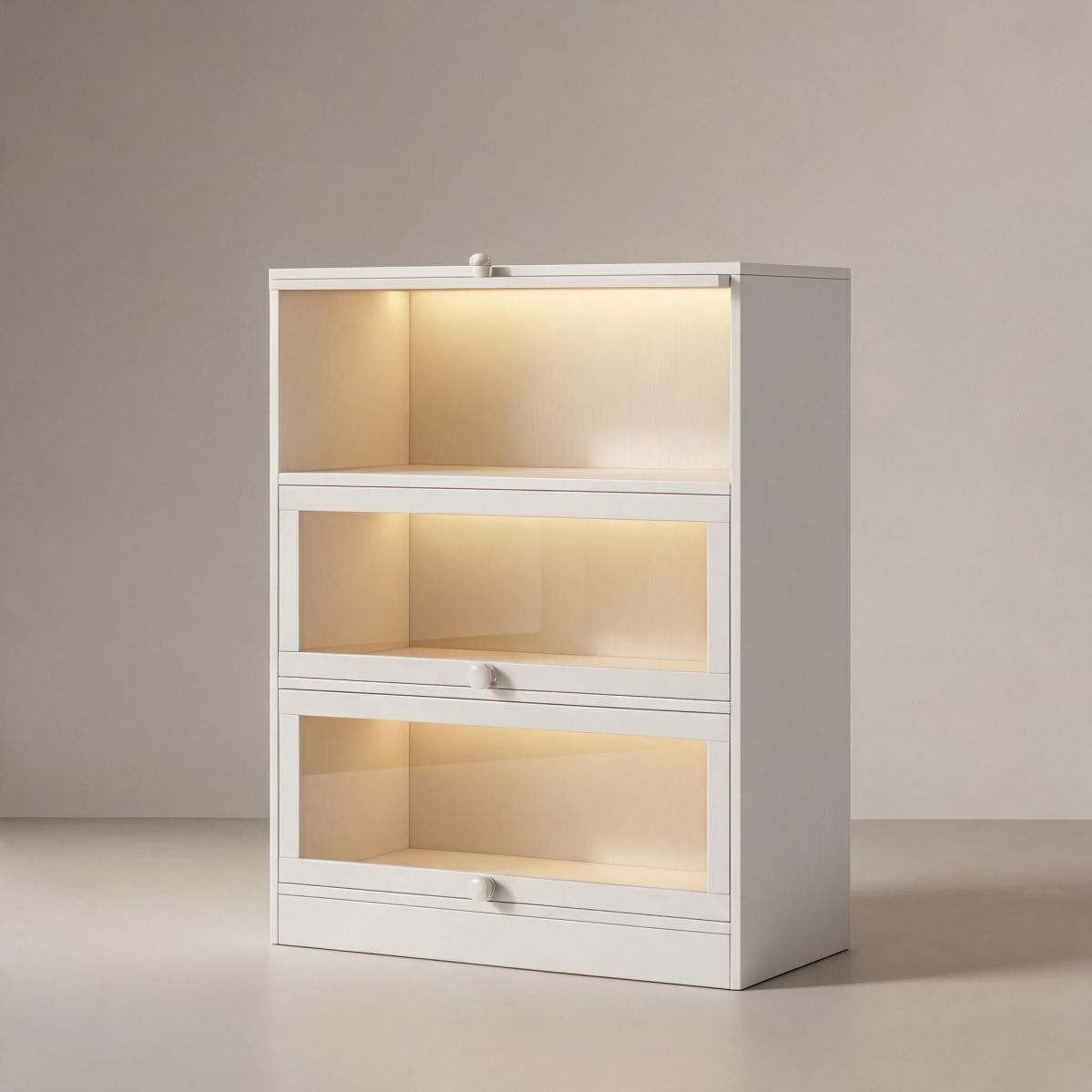 24" Wide 3-Tier Wine Cabinet in Warm White with Flip-Up Acrylic Look Doors, Compact Enclosed Bottle Storage Cabinet-Tuwine