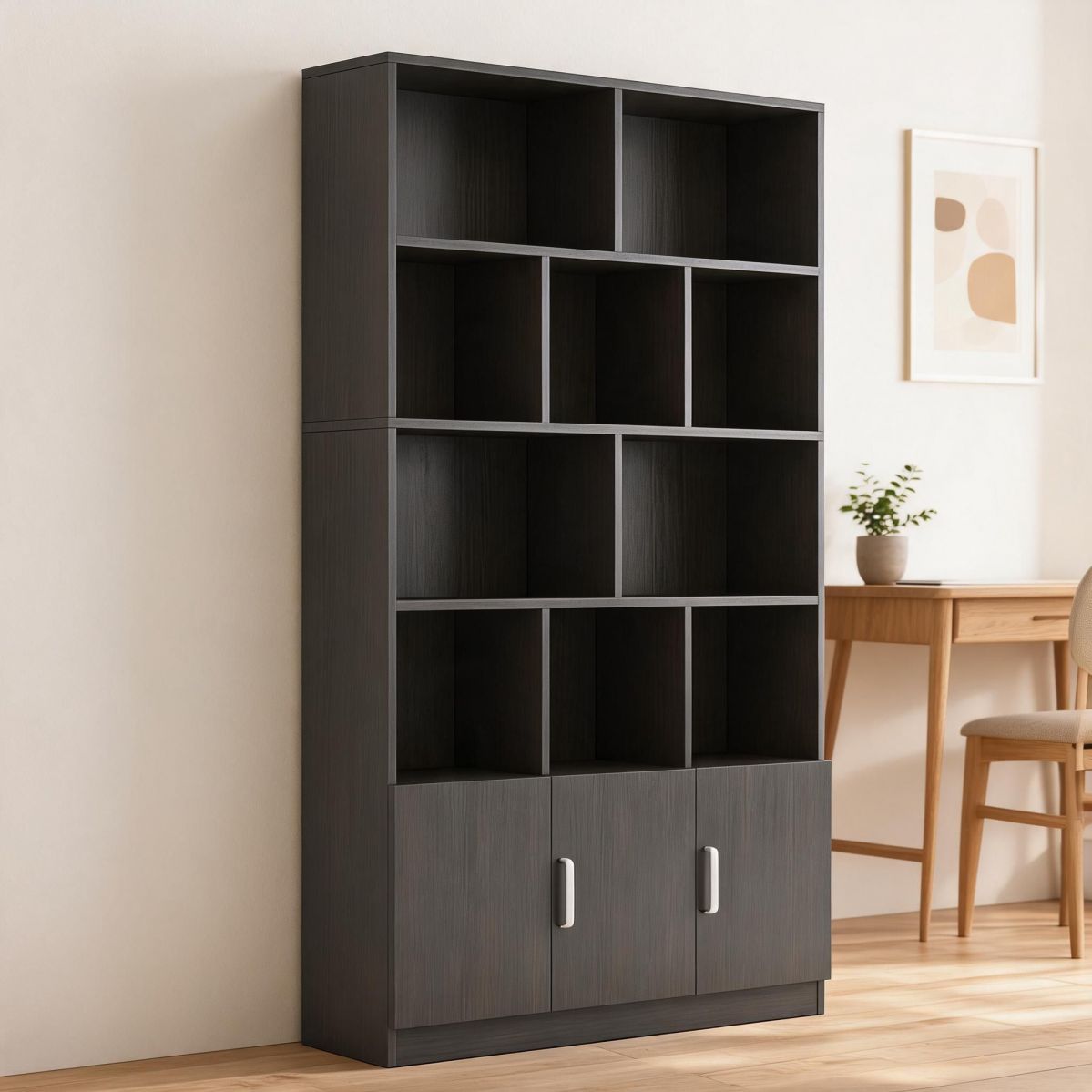 Wine Cabinet 47"W x 12"D x 79"H, Wide Bottle Storage Cabinet with Open Display Shelves and Lower Doors, Black Walnut-Tuwine