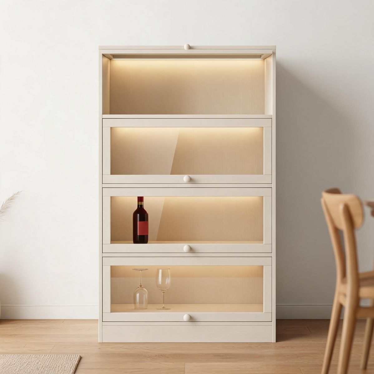 24" Wide 3-Tier Wine Cabinet in Warm White with Flip-Up Acrylic Look Doors, Compact Enclosed Bottle Storage Cabinet-Tuwine