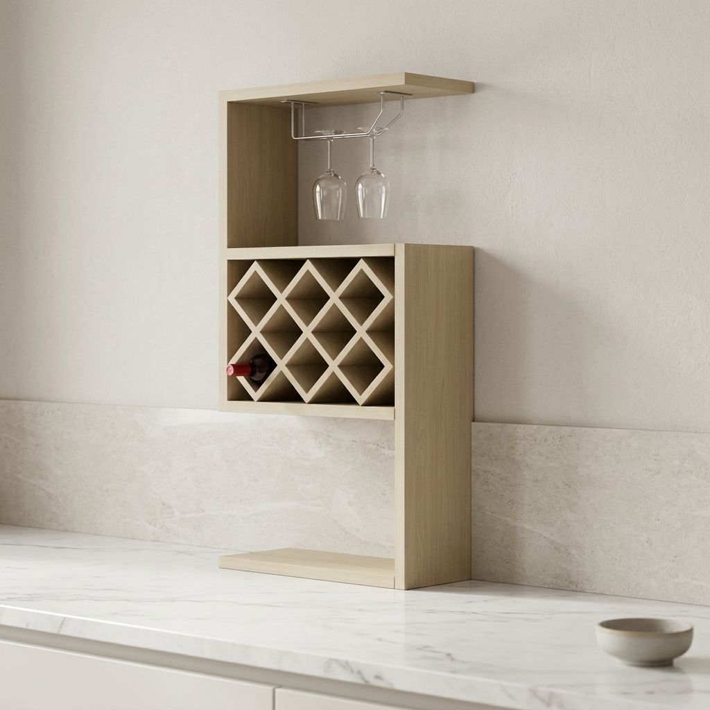 White Maple Wall Mounted Wine Bottle and Glass Rack with Stemware Holder, Open Shelf and Wood Look Finish-Tuwine