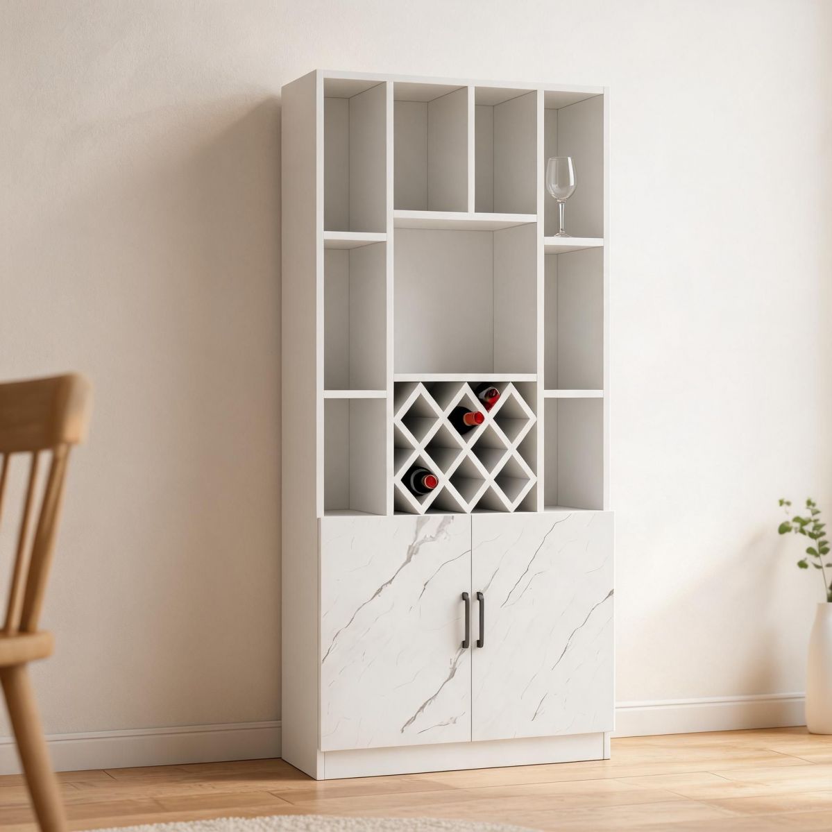 39"W x 12"D x 79"H White Wine Cabinet with Faux Marble Doors, Stemware Rack, X Bottle Grid and Slim Storage Profile-Tuwine