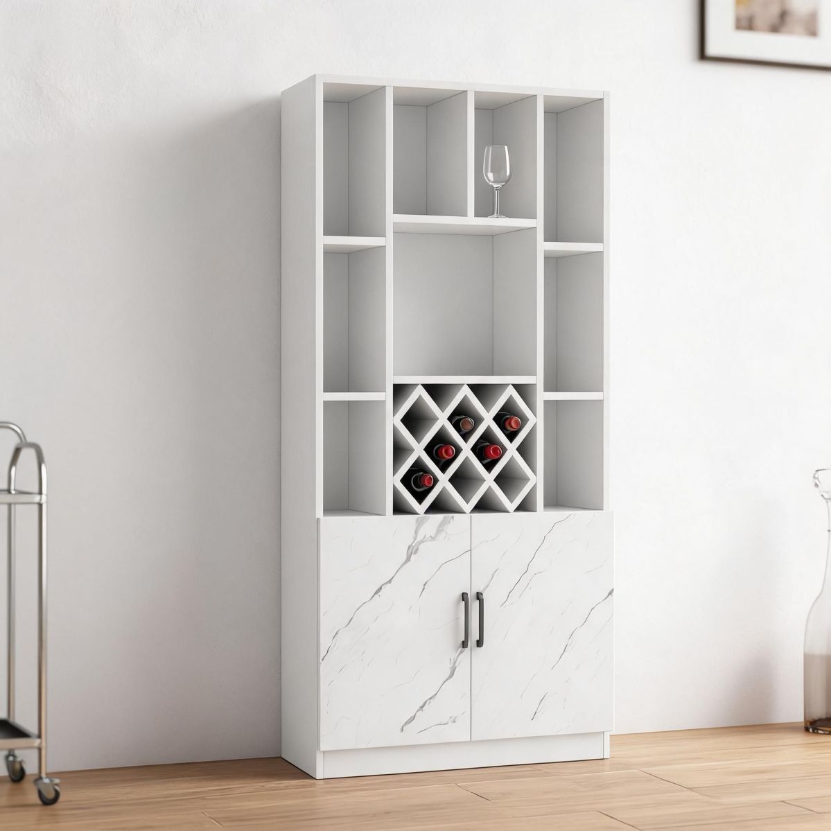 39"W x 12"D x 79"H White Wine Cabinet with Faux Marble Doors, Stemware Rack, X Bottle Grid and Slim Storage Profile-Tuwine