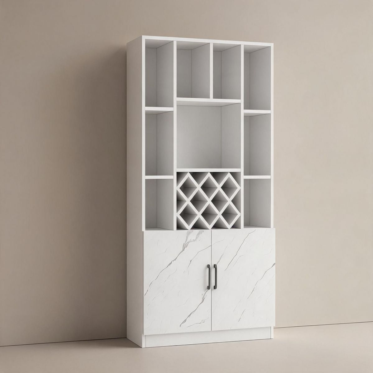 39"W x 12"D x 79"H White Wine Cabinet with Faux Marble Doors, Stemware Rack, X Bottle Grid and Slim Storage Profile-Tuwine